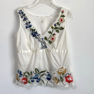 Future Paradise‎ Top Tank 8 White Embroidered V Neck Summer Anthropologie FLAW
